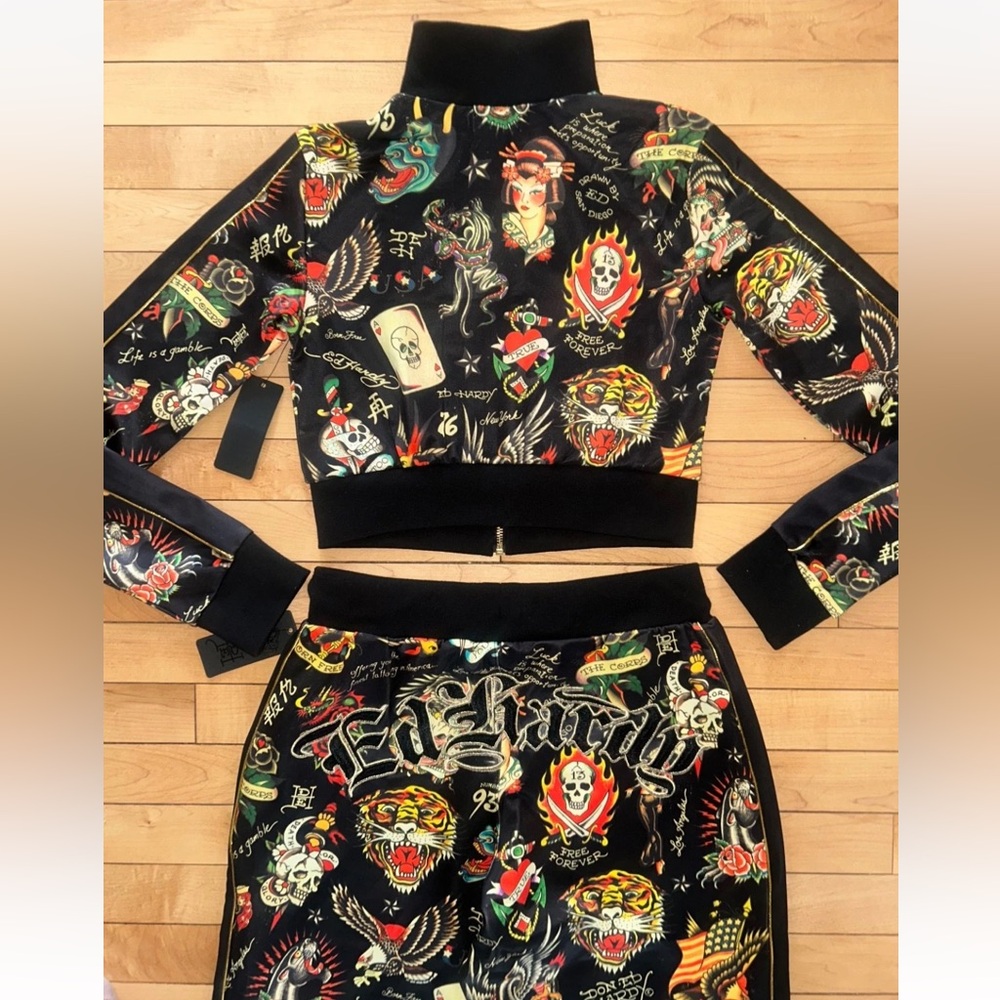 NEW! ED HARDY Y2K Shrunken Flashboard Tracksuit Jacket & Pant Set Size S - Picture 4 of 7